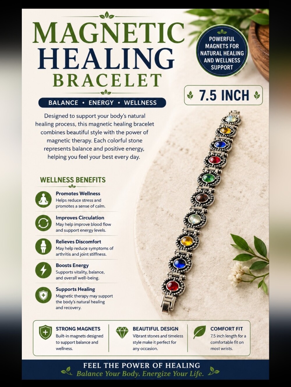 Magnetic Healing Bracelet with Multicolor Gemstones - 7.5"